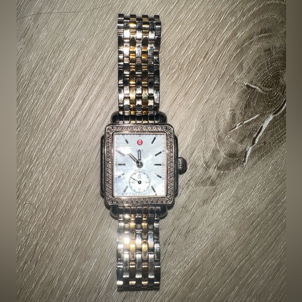 Michele Diamond Deco Watch w/ two toned gold/stainless steel band